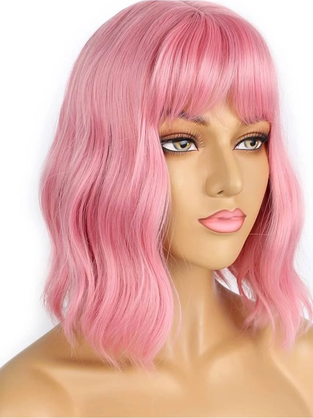 Lancaini Pastel Bob Wigs with Bangs for Women Loose Wavy Wig Pastel Wavy Pink